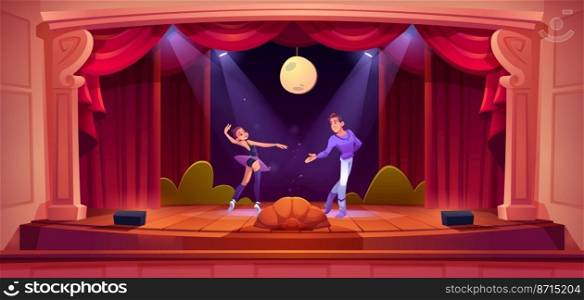 Ballet dancers perform on theater scene. Ballerina and man artist wear artistic costumes dance on classic stage with red curtains, spotlights, moon and wooden floor, Cartoon vector illustration. Ballet dancers perform dance on theater scene