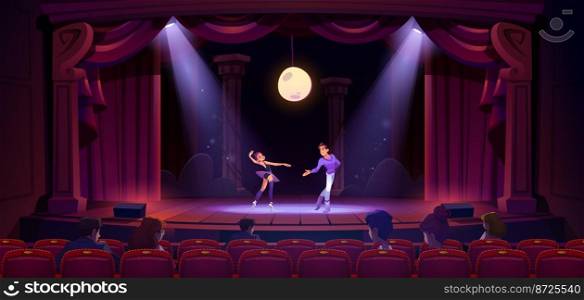Ballet dancers perform on theater scene. Ballerina and man artist wear costumes dance on classic stage with red curtains, spotlights, moon and people sitting on chairs, Cartoon vector illustration. Ballet dancers perform dance on theater scene