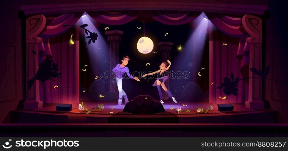 Ballet dancers take bow on theater stage after performance. Man and ballerina in tutu dance on wooden scene with red curtains, spotlights, flying flowers and confetti, vector cartoon illustration. Ballet dancers take bow on theater stage