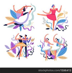 Ballet dancing, dance classes and stage performance isolated icons vector. Girl and guy partners, stretching and tricks, moves and poses. Ballerinas in tutu, man and woman, movement, sport or hobby. Ballerinas and ballet dancing, stage performance and dance class, isolated icons