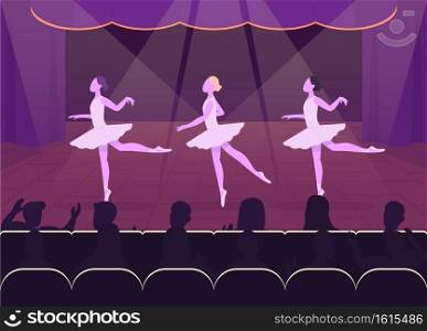 Ballet perfomance flat color vector illustration. Beautiful evening event. Goregous balleries dancing in front of crowd 2D cartoon characters with nice decorated stage on background. Ballet perfomance flat color vector illustration