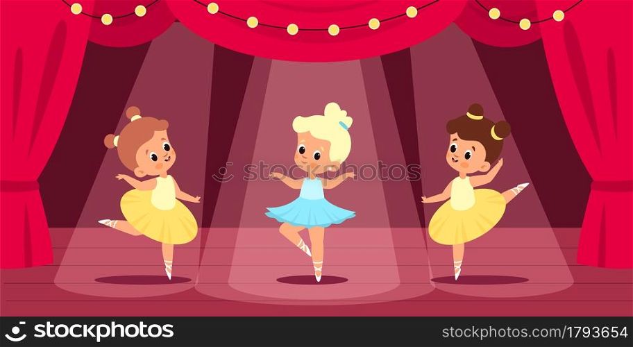 Ballet scene. Little ballerinas perform on stage, under red curtain, searchlight lights, young dancers theatre performance. Choreographic position, dancing children vector cartoon isolated concept. Ballet scene. Little ballerinas perform on stage, red curtain, searchlight lights, young dancers theatre performance. Choreographic position, dancing children. Vector cartoon isolated concept