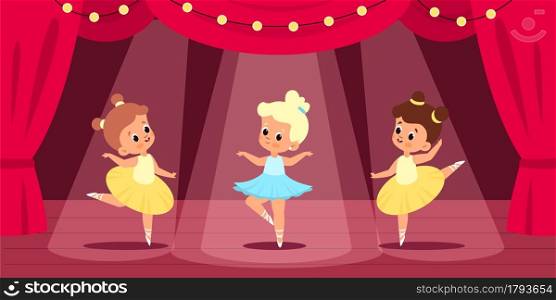 Ballet scene. Little ballerinas perform on stage, under red curtain, searchlight lights, young dancers theatre performance. Choreographic position, dancing children vector cartoon isolated concept. Ballet scene. Little ballerinas perform on stage, red curtain, searchlight lights, young dancers theatre performance. Choreographic position, dancing children. Vector cartoon isolated concept