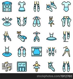 Ballet school icons set. Outline set of ballet school vector icons thin line color flat on white. Ballet school icons set vector flat