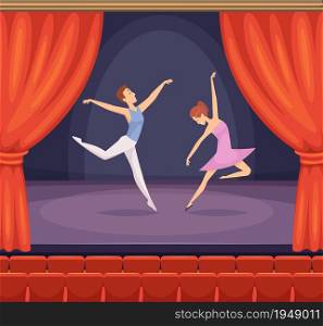 Ballet stage. Dancer male and female dancing on stage vector beautiful background with red curtains in theatre. Stage with dancing ballet performance, young girl and boy at concert illustration. Ballet stage. Dancer male and female dancing on stage vector beautiful background with red curtains in theatre