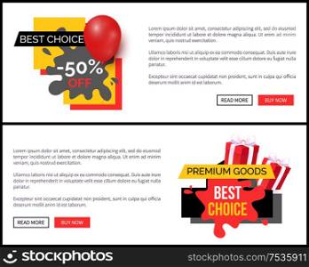 Balloon and presents gift decorated by bows. Sellout and special shop offer, price off. Premium goods and best choice blots vector web site templates. Balloon and Presents Gift Decorated by Tape Bows