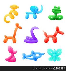 Balloon animals. Bright party balloons, kids birthday entertainment tools. Isolated abstract frog, dog, monkey. Funny cute toy, recent vector collection. Illustration of toy balloon air helium. Balloon animals. Bright party balloons, kids birthday entertainment tools. Isolated abstract frog, dog, monkey. Funny cute toy, recent vector collection