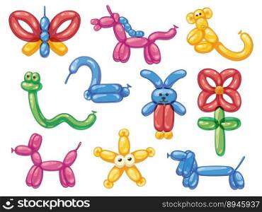 Balloon animals. Cartoon helium rubber dog butterfly horse monkey snake, cute bubble decoration for child birthday party celebration. Vector isolated set of rubber animal, dog toy balloon illustration. Balloon animals. Cartoon helium rubber dog butterfly horse monkey snake, cute bubble decoration for child birthday party celebration. Vector isolated set