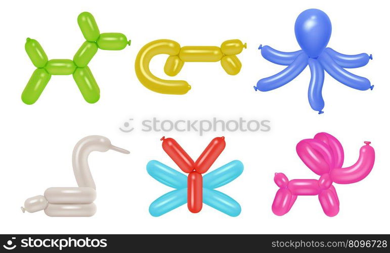 Balloon animals. Party festival rubber pets colored balloons for kids decent vector realistic templates of rubber animal colorful icon, air helium toys illustration. Balloon animals. Party festival rubber pets colored balloons for kids decent vector realistic templates