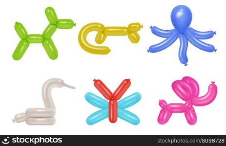 Balloon animals. Party festival rubber pets colored balloons for kids decent vector realistic templates of rubber animal colorful icon, air helium toys illustration. Balloon animals. Party festival rubber pets colored balloons for kids decent vector realistic templates