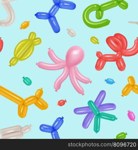Balloon animals pattern. Different rubber colored balloons for festive. Decent vector template for textile design project kids playground seamless decoration. Illustration of background animal toys. Balloon animals pattern. Different rubber colored balloons for festive. Decent vector template for textile design project kids playground seamless decoration