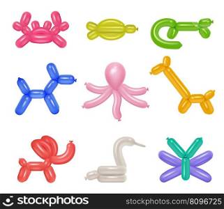 Balloon animals. Rubber festival decoration colored animals for kids entertainment decent vector pictures collection in realistic style. Illustration of toy rubber balloon festive. Balloon animals. Rubber festival decoration colored animals for kids entertainment decent vector pictures collection in realistic style