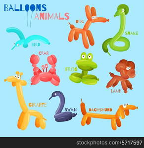 Balloon animals set with dog crab snake bird isolated vector illustration