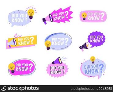 Balloon ask about facts, did you know labels. Marketing questions, knows information banners. Quiz or advertisement racy vector graphic stickers. Illustration of question balloon speech. Balloon ask about facts, did you know labels. Marketing questions, knows information banners. Quiz or advertisement racy vector graphic stickers