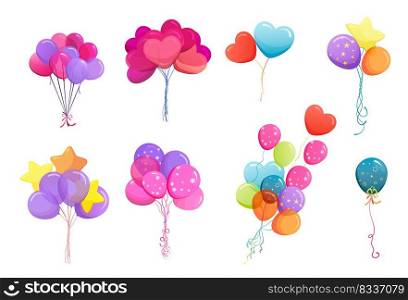 Balloon bunches vector illustrations set. Colorful birthday helium balloons design elements collection. Isolated flat vector illustration on white background.