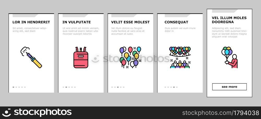 Balloon Decoration Onboarding Mobile App Page Screen Vector. Birthday And Wedding Day Celebration, Graduation And Halloween Party Balloon Decoration Illustrations. Balloon Decoration Onboarding Icons Set Vector