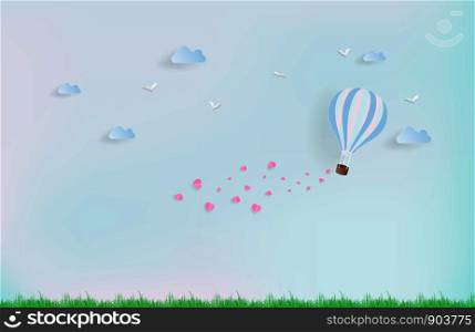 Balloon flying over Cloud with pink heart float on the sky. and scatter pink heart in the sky, vector art and illustration of love and valentine Digital paper craft style.Paper art of pastel background