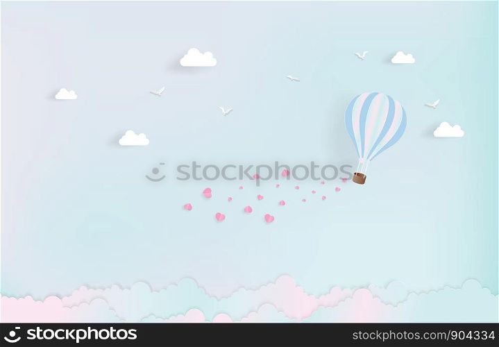 Balloon flying over Cloud with pink heart float on the sky. and scatter pink heart in the sky, vector art of love and valentine, Digital paper craft style.Paper art of pastel background.