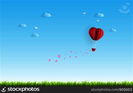 Balloon flying over Cloud with pink heart float on the sky. and scatter pink heart in the sky vector art and illustration of love and valentine Digital paper craft style.Paper art of pastel background