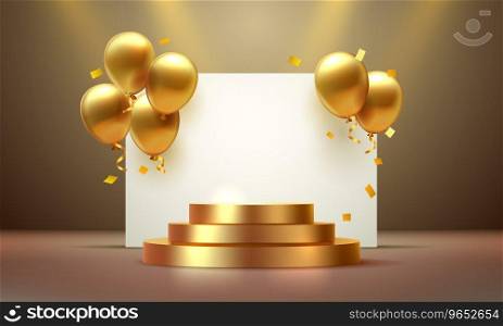 balloon golden podium present, celebrate happy birthday, gold platform banner. Vector illustration. balloon golden podium present, celebrate happy birthday, gold platform banner. Vector