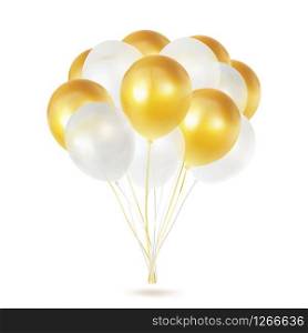Balloon helium bunch isolated on transparent background. Realistic gold and white ballon group with transparency. Vector design.