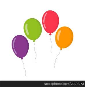 Balloon in cartoon style. Bunch of balloons for birthday and party. Flying ballon with rope. Purple, red, green, orange ball isolated on white background. Flat icon for celebrate and carnival. Vector.. Balloon in cartoon style. Bunch of balloons for birthday and party. Flying ballon with rope. Purple, red, green, orange ball isolated on white background. Flat icon for celebrate and carnival. Vector