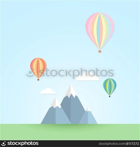 Balloon in the sky and mountain landscape.