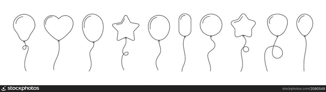 Balloon outline icons. Balloon with string in line cartoon style. Different shapes of ballons for birthday, party and wedding. Black contour of baloon silhouettes in doodle minimal style. Vector.