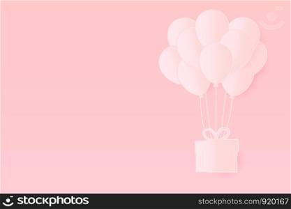 Balloon Paper and the gift box with copy space . Flying on pink background. Vector Illustration, Mother's Day, Valentine's Day