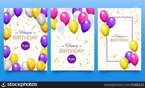Balloon poster for birthday party. Colorful helium balloons with falling golden glitter confetti and ribbons. Holiday design for greeting card set. Festive celebration vector illustration. Balloon poster for birthday party. Colorful helium balloons with falling golden glitter confetti and ribbons