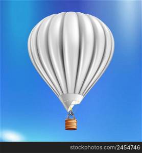 Balloon With Basket Hot Air Fly Transport Vector. Blank Inflatable Balloon Flying Transportation For Tourist Romantic Journey And Excursion, Aircraft For Travel. Template Realistic 3d Illustration. Balloon With Basket Hot Air Fly Transport Vector
