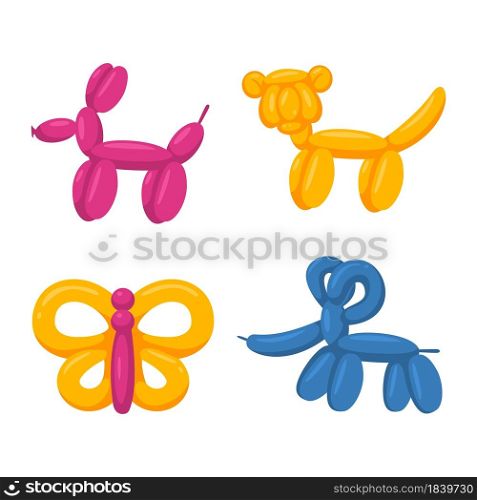 Balloons animals. Kids party decoration, air rubber balloons different fauna shapes, cute bright figures, children holidays decor, glossy decorative rubber toy. Vector isolated on white background set. Balloons animals. Kids party decoration, air rubber balloons different fauna shapes, cute bright figures, children holidays decor, glossy decorative rubber toy. Vector isolated set