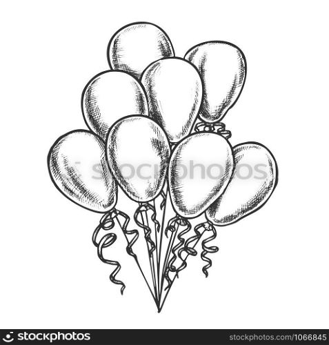 Balloons Bunch Decorated Curly Ribbon Retro Vector. Heap Of Helium Balloons Bright Decoration For Postcard On Mother Day. Engraving Concept Layout Designed In Vintage Style Monochrome Illustration. Balloons Bunch Decorated Curly Ribbon Retro Vector
