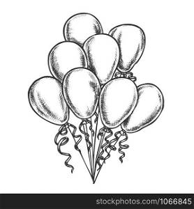 Balloons Bunch Decorated Curly Ribbon Retro Vector. Heap Of Helium Balloons Bright Decoration For Postcard On Mother Day. Engraving Concept Layout Designed In Vintage Style Monochrome Illustration. Balloons Bunch Decorated Curly Ribbon Retro Vector