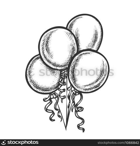 Balloons Bunch With Curled Ribbon Retro Vector. Helium Flying Balloons Birthday Party Decoration Room Or Gift. Engraving Concept Template Hand Drawn In Vintage Style Monochrome Illustration. Balloons Bunch With Curled Ribbon Retro Vector