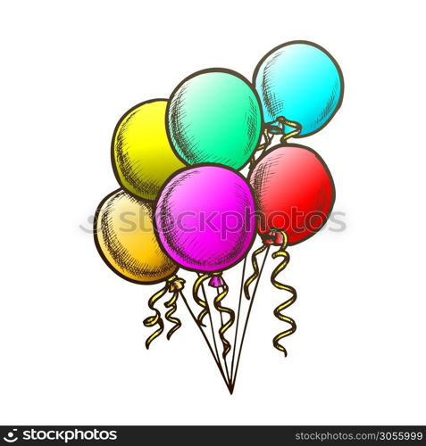 Balloons Bunch With Curly Ribbon Monochrome Vector. Beautiful Air Balloons Celebrating Birth Anniversary Party Decoration. Engraving Concept Mockup Designed In Vintage Style Monochrome Illustration. Balloons Bunch With Curly Ribbon Monochrome Vector