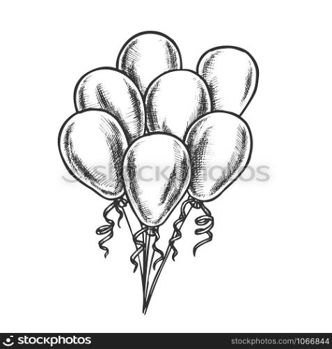 Balloons Bunch With Curly Ribbon Retro Vector. Air Balloons Bright Joyful Present Or Decoration For Romance. Entertainment Engraving Concept Layout Designed In Vintage Style Monochrome Illustration. Balloons Bunch With Curly Ribbon Retro Vector