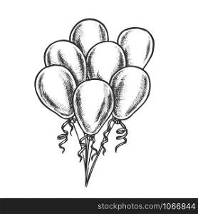 Balloons Bunch With Curly Ribbon Retro Vector. Air Balloons Bright Joyful Present Or Decoration For Romance. Entertainment Engraving Concept Layout Designed In Vintage Style Monochrome Illustration. Balloons Bunch With Curly Ribbon Retro Vector
