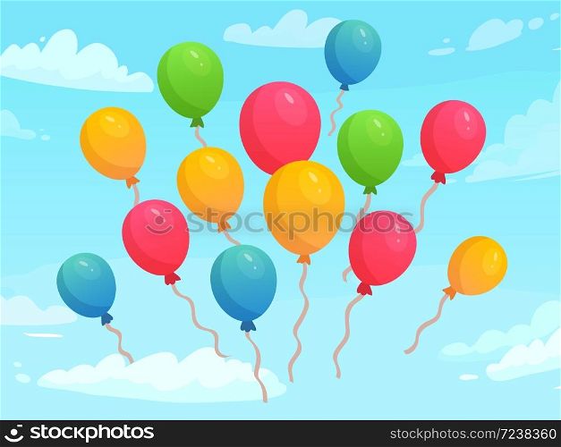 Balloons flying in sky among clouds. Colorful rubber balloons for holiday celebration. Decoration elements for event, birthday or anniversary greeting card, poster cartoon vector illustration. Balloons flying in sky among clouds. Colorful rubber balloons for holiday celebration. Decoration elements