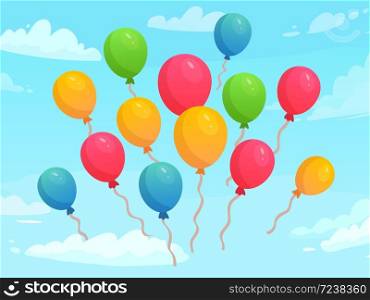 Balloons flying in sky among clouds. Colorful rubber balloons for holiday celebration. Decoration elements for event, birthday or anniversary greeting card, poster cartoon vector illustration. Balloons flying in sky among clouds. Colorful rubber balloons for holiday celebration. Decoration elements