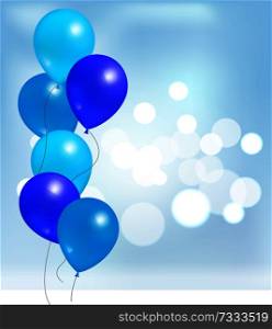 Balloons for party decorations, birthdays and anniversaries, rubber balloon of blue color in inflatable bunch, helium flying elements on blurred backdrop. Balloons for Party Decorations Birthday Background
