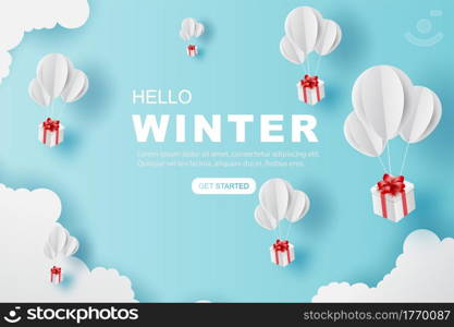 Balloons gift fly on air blue sky. Hello winter concept. paper art of balloon white floating and Gift Box on in the air blue sky for Merry Christmas and Festival poster. design paper craft and cut