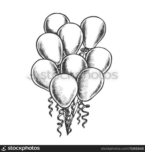 Balloons Heap Decorated Curly Ribbon Retro Vector. Helium Balloons Beautiful Decorative Detail For Card On Woman Day. Engraving Concept Layout Designed In Vintage Style Monochrome Illustration. Balloons Heap Decorated Curly Ribbon Retro Vector