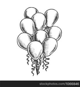 Balloons Heap Decorated Curly Ribbon Retro Vector. Helium Balloons Beautiful Decorative Detail For Card On Woman Day. Engraving Concept Layout Designed In Vintage Style Monochrome Illustration. Balloons Heap Decorated Curly Ribbon Retro Vector