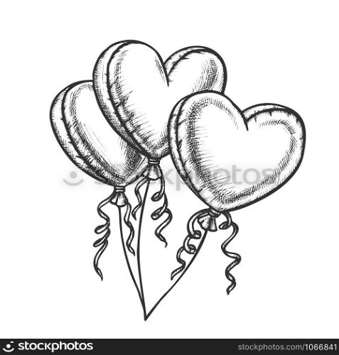Balloons In Heart Shape With Ribbon Retro Vector. Air Flying Balloons Present On Valentine Day. Romantic Gift Engraving Concept Template Designed In Vintage Style Black And White Illustration. Balloons In Heart Shape With Ribbon Retro Vector