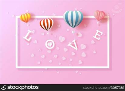 Balloons love valentine&rsquo;s day with heart on pink background, For anniversary wallpaper, flyer, invitation, card, poster, postcard, brochure, banner, advertising, Vector illustration 3d text style.