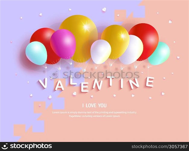Balloons valentine with heart on purple background, For anniversary wallpaper, flyer, invitation, card, poster, postcard, brochure, banner, advertising, mockup, Vector illustration 3d text style.