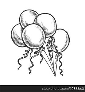 Balloons With Curled Ribbon Monochrome Vector. Helium Festive Balloons Celebrating New Year Party Decorative Room Detail. Engraving Concept Template Hand Drawn In Vintage Style Monochrome Illustration. Balloons With Curled Ribbon Monochrome Vector