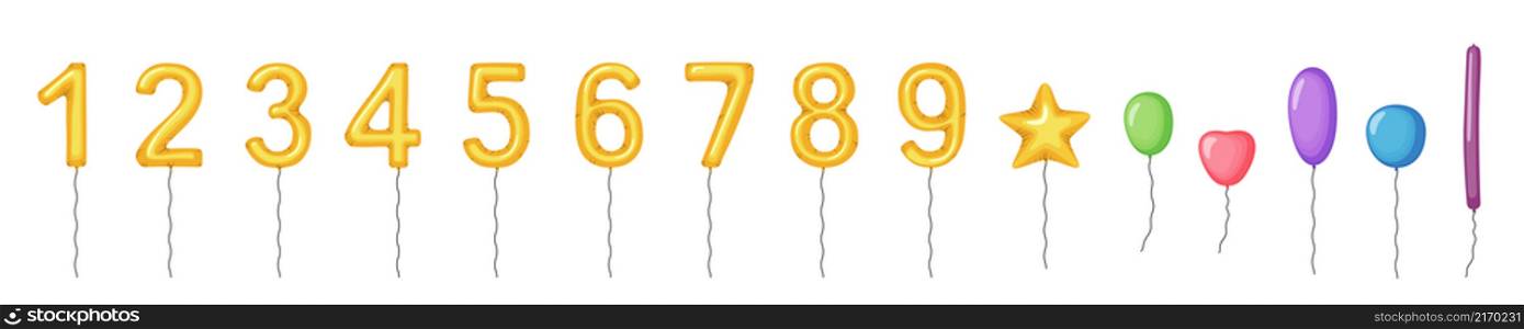 Balloons with gold numbers from 1 to 9 and more balloons with different shapes.. Balloons with gold numbers