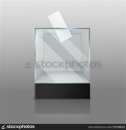 Ballot box. Empty transparent case with voting white paper in hole, confidential election survey, glass or plastic square showcase on black podium realistic 3d vector isolated single object. Ballot box. Empty transparent case with voting paper in hole, confidential election survey, glass or plastic square showcase on black podium realistic 3d vector isolated object